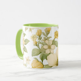 Taza de jardín floral amarillo con asa verde