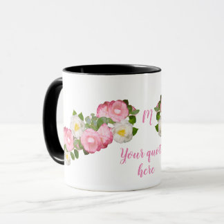 Taza de la flor con el texto de encargo