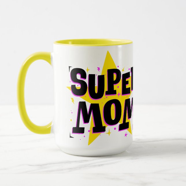 Taza de la súper mamá arte pop cómico (Izquierda)