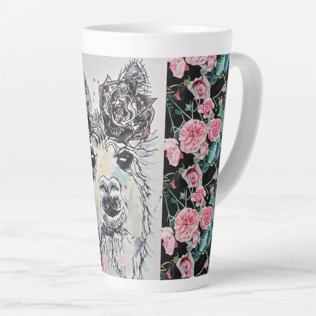 Taza de latte de acuarela con llamas y rosas linda (Ángulo derecho)