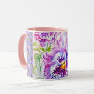 Taza de Latte floral de Pensamientos Morados Pinta