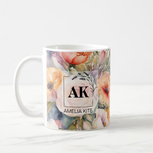 Taza de monograma floral elegante: regalo perfecto (Izquierda)