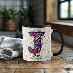 Taza de monograma geométrico llamativo - J para Ja