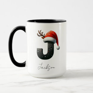 Taza de Navidad con letra J   Nombre personalizado
