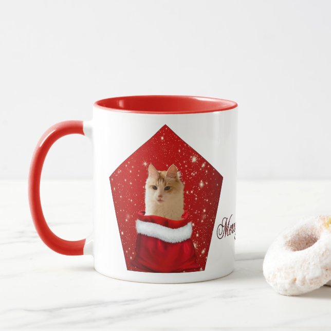 Taza de Navidad de Gato Angora (Con donut)