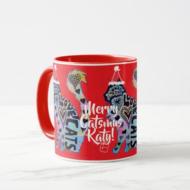Taza de Navidad Roja Gato Esmoquin Feliz Catsmus (Anverso izquierdo)