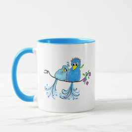Taza de pájaros azules caprichosos de cerámica