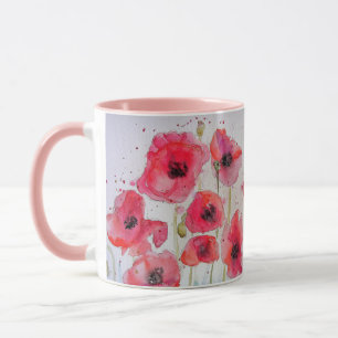 Taza de pintura de acuarela de amapolas rojas rosa