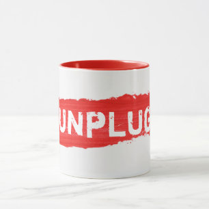 Taza de pintura roja con texto DESCONECTAR