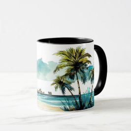 Taza de playa tropical con acuarela
