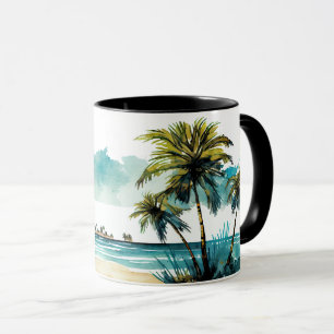 Taza de playa tropical con acuarela