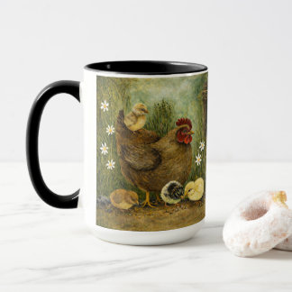 Taza de pollo y pollitos pintados a mano y gallo