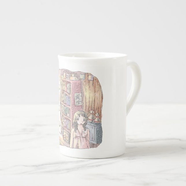 TAZA DE PORCELANA さなくむじ   薄暗いお部屋で本棚のそばに浮いているぼんやり光る物体と女性のイラスト (Derecha)