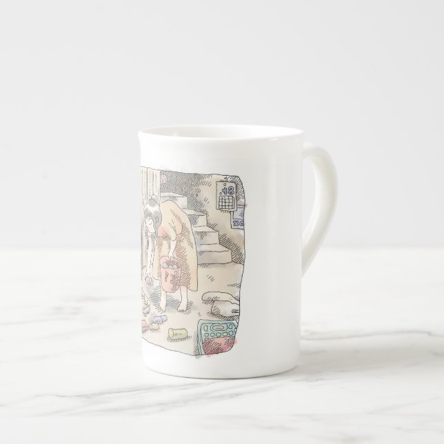 TAZA DE PORCELANA さなささじ  部屋の階段わきで屈んでたくさん落ちているゴミを拾う女性のイラスト (Derecha)