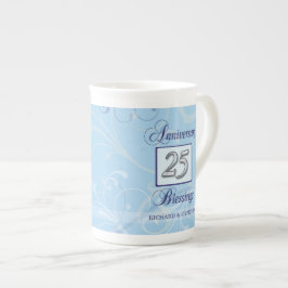 Taza De Porcelana 25º Aniversario en Azul y Plata