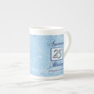 Taza De Porcelana 25º Aniversario en Azul y Plata