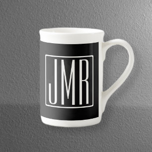 Taza De Porcelana 3 Iniciales Monograma Negro y Blanco (o color pe
