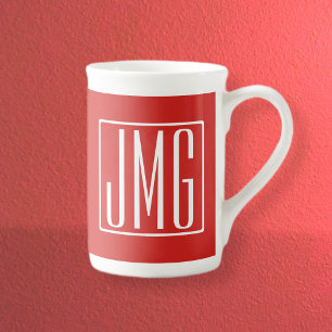 Taza De Porcelana 3 iniciales Monograma Rojo y Blanco (o color per