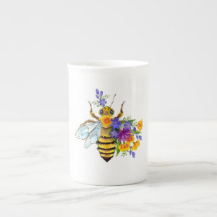 Taza De Porcelana Abeja de flor con plantas silvestres