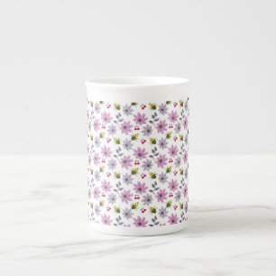Taza De Porcelana Abeja Linda Patrón Floral Estética Cottagecore Ros