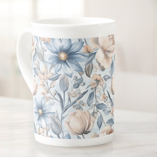 Taza De Porcelana Acuarela Botánica Azul y Rubor