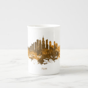 Taza De Porcelana Acuarela del Skyline de Chicago en naranja
