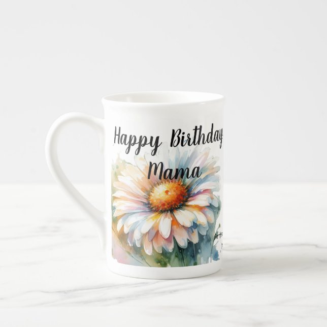 Taza De Porcelana Acuarela 'Feliz cumpleaños mamá' FLORES blancos (Izquierda)