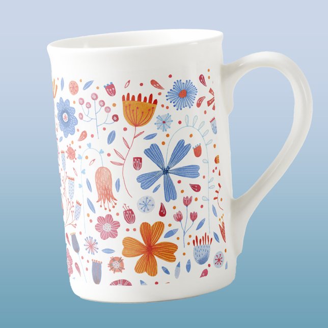 Taza De Porcelana Acuarela floral moderna (Modern watercolor floral blue, orange and white pattern bone china mug)