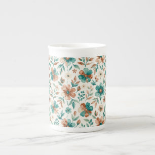 Taza De Porcelana Acuarela Floral Teal Cobre