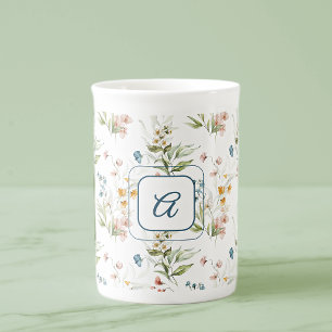 Taza De Porcelana Acuarela Monograma 1600 Arte Floral 10oz