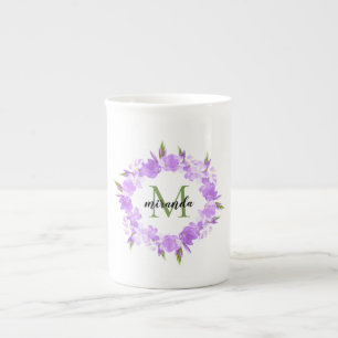 Taza De Porcelana Acuarela Morado Nombre de la guirnalda floral Mono