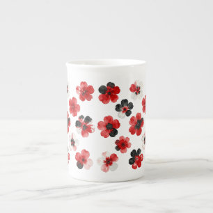 Taza De Porcelana Acuarela Rojo Negro Blanco Floral