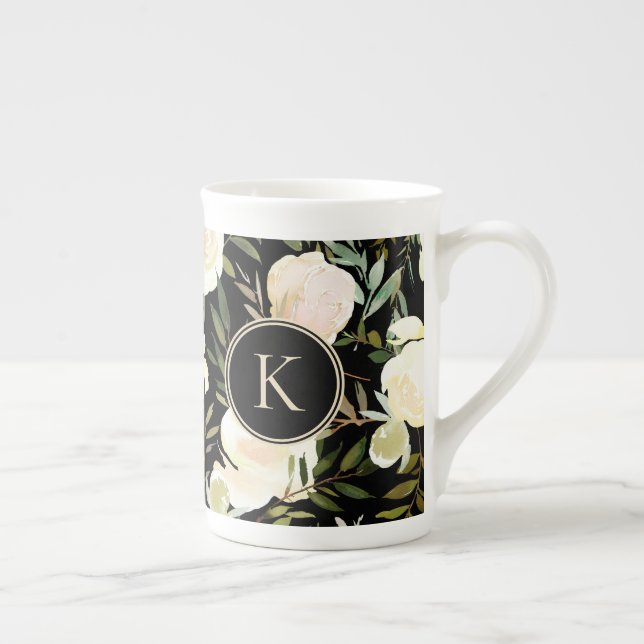 Taza De Porcelana Acuarela Romántica Floral Verde y Blanco (Derecha)