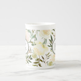 Taza De Porcelana Acuarela Romántica Floral Verde y Blanco