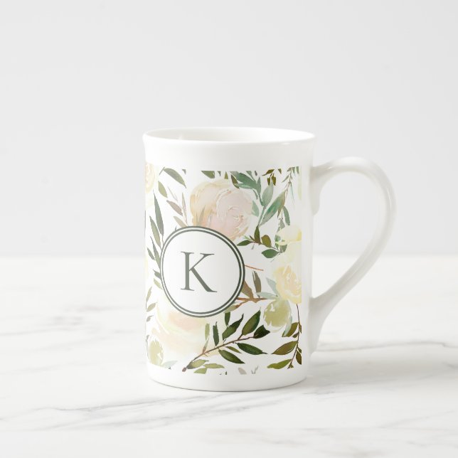 Taza De Porcelana Acuarela Romántica Floral Verde y Blanco (Derecha)