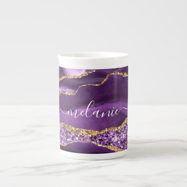 Taza De Porcelana Agple Violet Gold Purpurina Geode Mug Nombre (Frente)