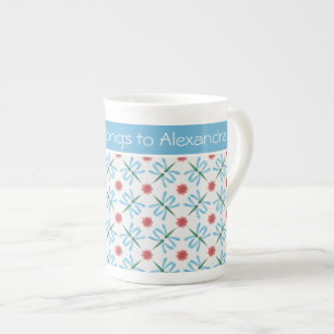 Taza De Porcelana Alirios de agua rosada, libélulas, hongos de China