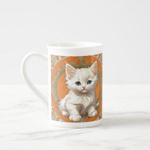 Taza De Porcelana Alphonse Mucha Art Nouveau Gatito Blanco
