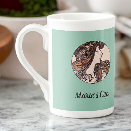 Taza De Porcelana Alphonse Mucha Art Nouveau Mujer Con Flores