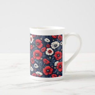 Taza De Porcelana Amapolas Rojas y Blancas Vibrantes
