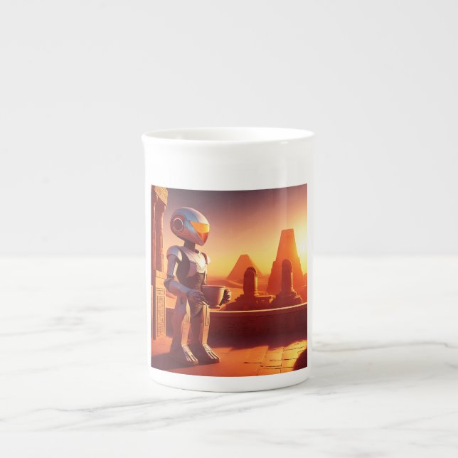 Taza De Porcelana Android Drinking Coffee Looking At Pyramids (Frente)