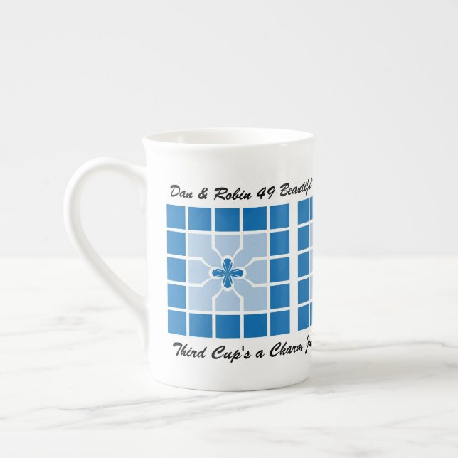 Taza De Porcelana Aniversario boda Geométrico Azul Con Nombre Hueso  (Izquierda)
