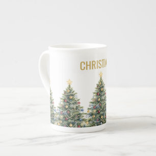 Taza De Porcelana Árbol de Navidad en acuarela rústica personalizada