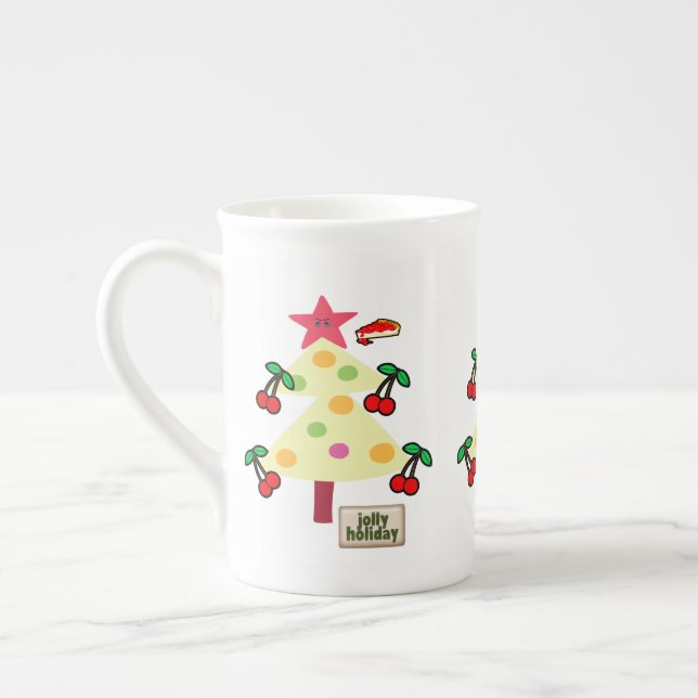 Taza De Porcelana Árbol navideño de amarre, cerezas navideñas de ale (Izquierda)