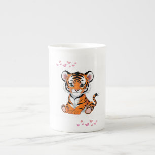 Taza De Porcelana Arte de cachorro de tigre con mariposas rosadas -