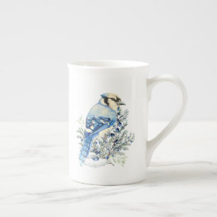 Taza De Porcelana Arte de campo de Arándanos Pajaro Azulejo en Acuar