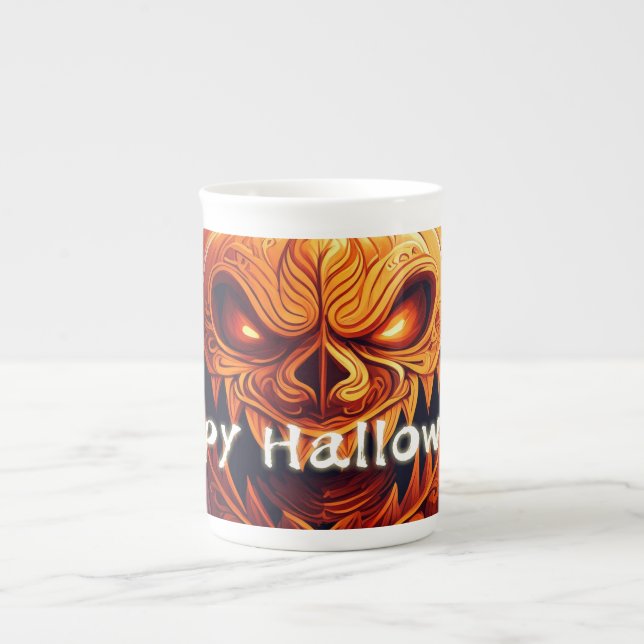 Taza De Porcelana Asustada Naranja Calabaza con cara, Halloween (Frente)
