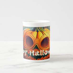 Taza De Porcelana Asustada Naranja Calabaza con cara, Halloween