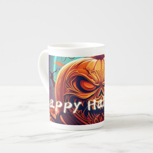 Taza De Porcelana Asustada Naranja Calabaza con cara, Halloween (Izquierda)