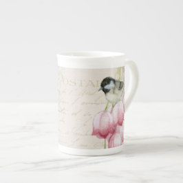 Taza De Porcelana Ave acuática de color hueso chino con flores